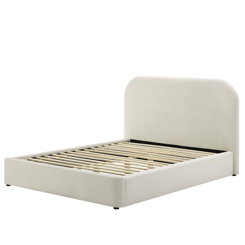 Hillsway Modern Curved Headboard Off-white Velvet Upholstered Queen Size Platform Bed
