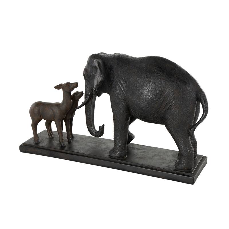 Black Resin Walking Elephant Decorative Sculpture with Dark Brown Deer