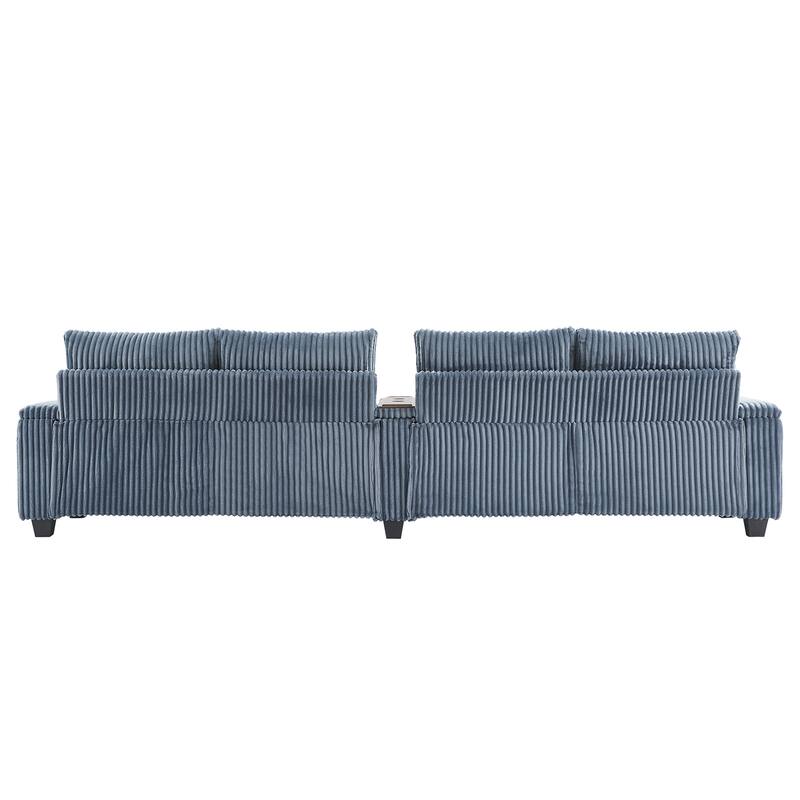 133-In Corduroy Sectional Sofa with USB Ports, Hidden Storage Arms, Flip-Top Cup Holders