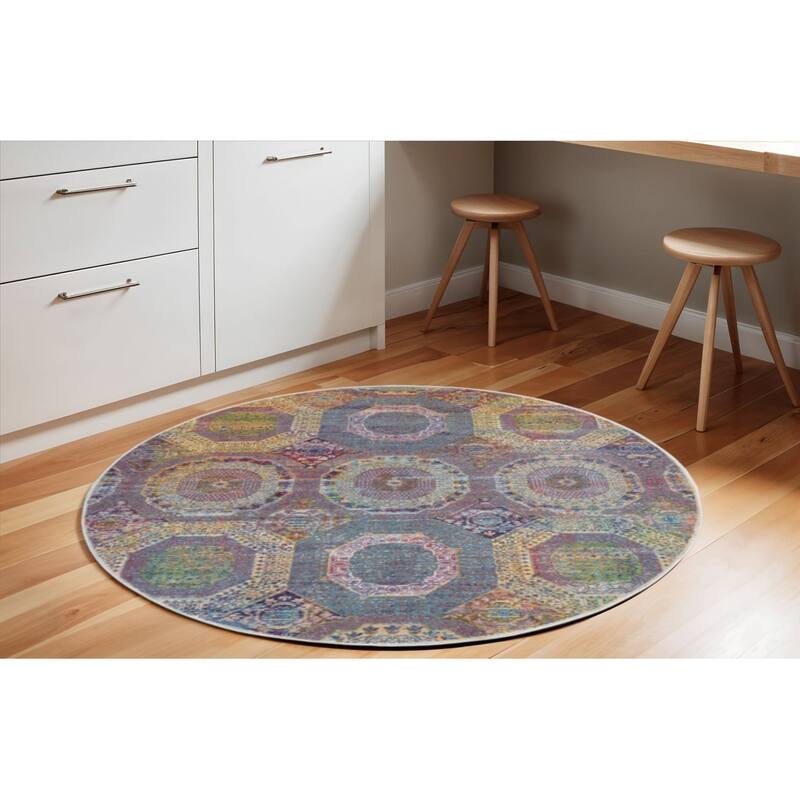 Hodis Power Loomed Distressed Geometric Modern Non Skid Area Rug By HomeRoots - 72' X '72' X '0.5 - 72' X '72' X '0.5 - Oxford Blue - Round
