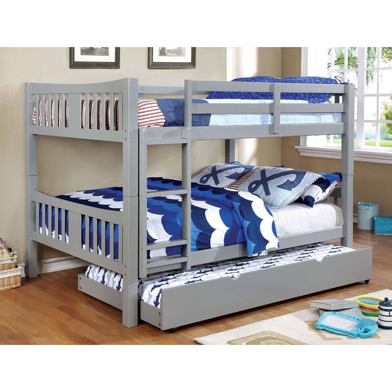 Full Over Full Bunk Bed with Attached Ladder, Gray Finish, Transitional Style, Upper Bed Rails, Lock Joint Structure