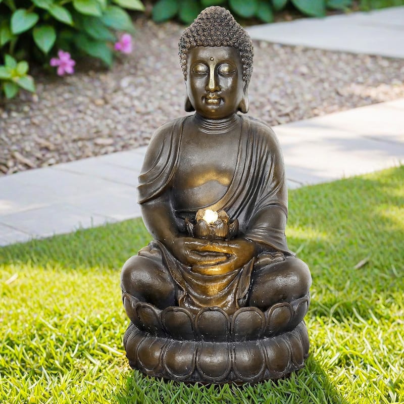 33in H Buddha Outdoor Water Fountain with LED Light and Pump for Home - Floor - Polyresin - Brown