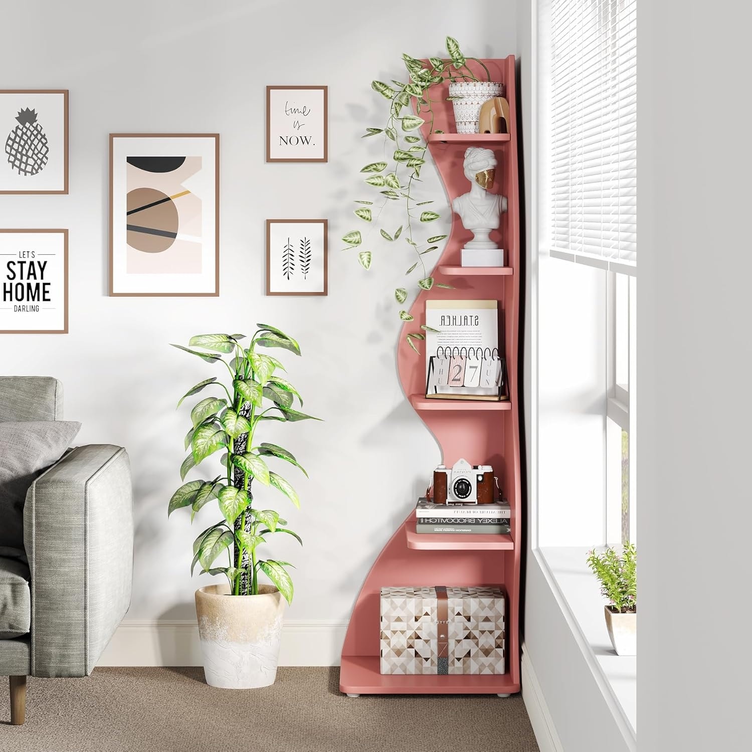 Corner Shelf Bookcase Bookshelf with Unique Shape for Living Room, Home Office