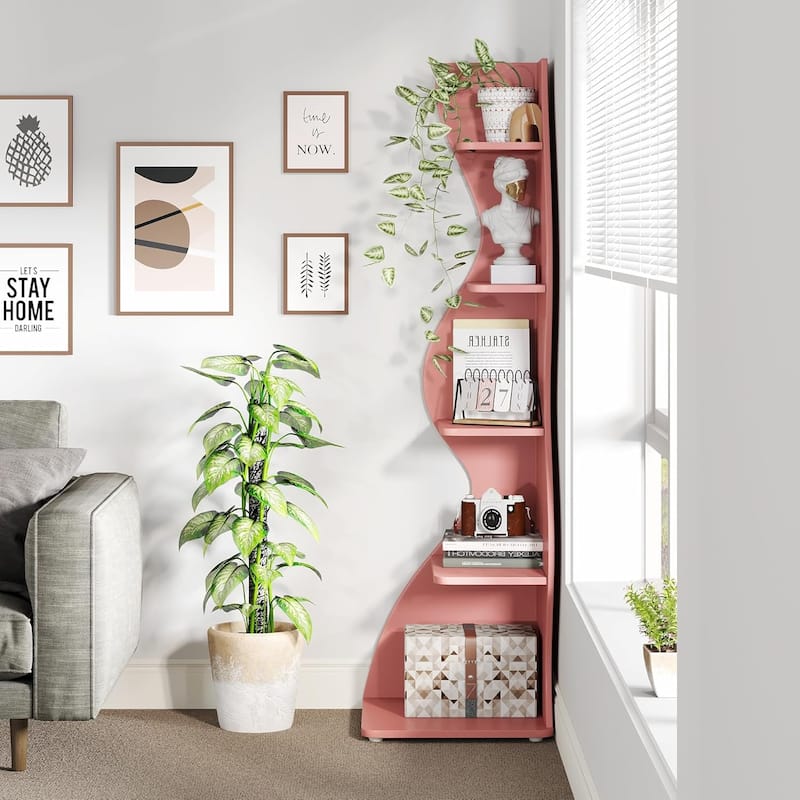 Corner Shelf Bookcase Bookshelf with Unique Shape for Living Room, Home Office