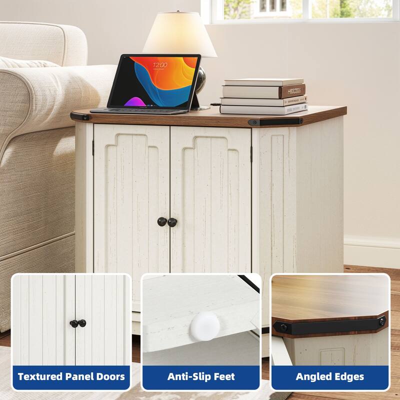 Moasis End Table with Charging Station, Farmhouse Side Table with Storage and Shelves