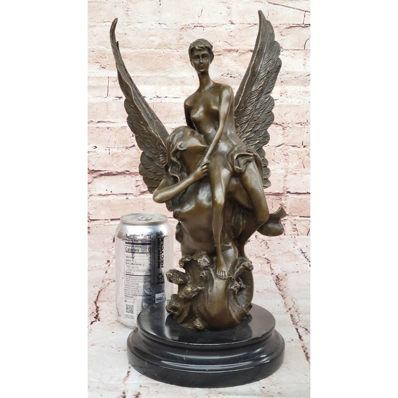 Romantic Bronze Angel Sculpture – Embrace Of Two Winged Figures On Marble Base
