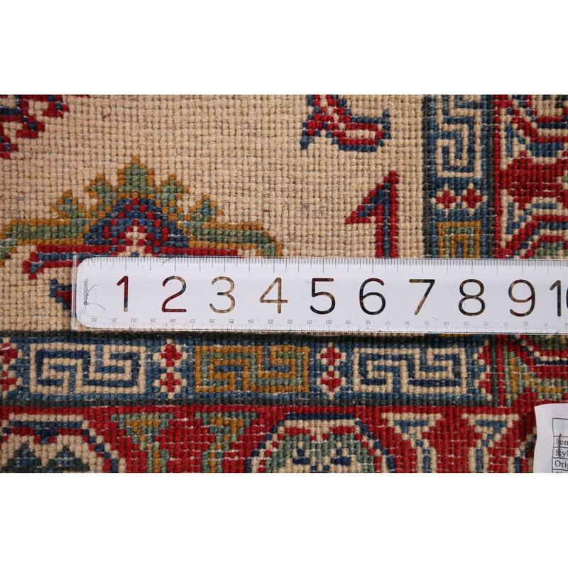 Geometric Kazak Accent Rug Hand-Knotted Beige Wool Carpet - 3'3" x 5'1"