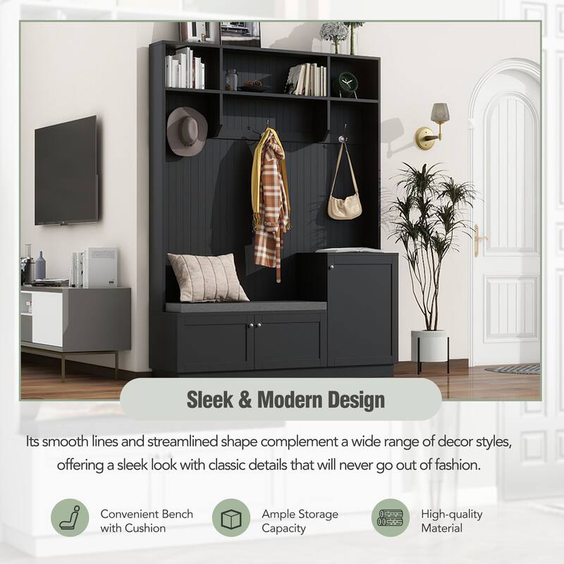 Hall Tree With Comfort And Storage Solutions, Functional Hallway Shoe Cabinet With Bench&Cushion,Coat Rack With Hooks