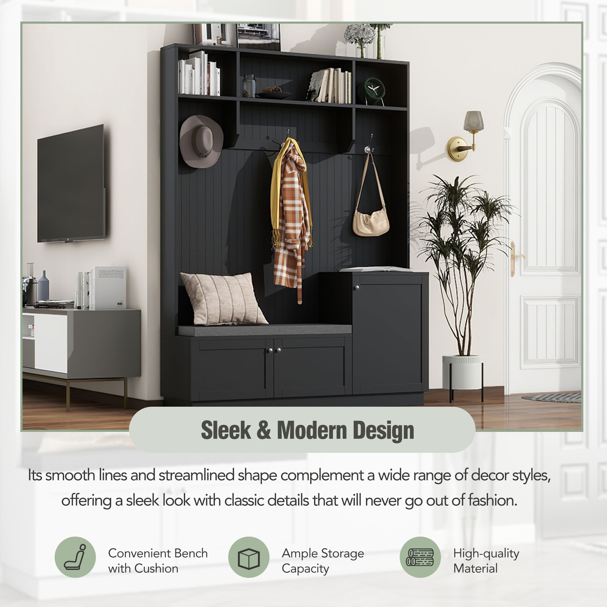 Hall Tree with Comfort and Storage Solutions Functional Hallway Shoe Cabinet with Bench and Cushion Coat Rack with Hooks Bed Bath Beyond 40121165