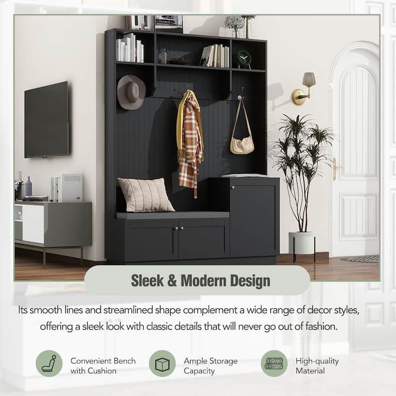 Modern Hall Tree with Padded Bench, 3 Cabinets, 3 Hooks, Shelves, Entryway Coat Rack & Shoe Storage, 59" Wide