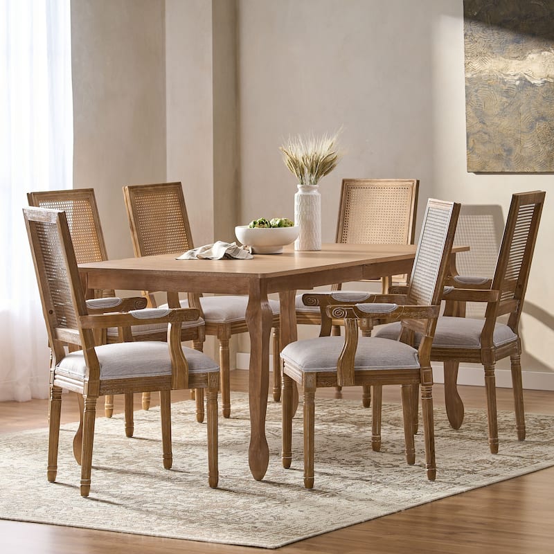 Marlette Wood and Cane Upholstered Expandable 7 Piece Dining Set by Christopher Knight Home - Natural Brown/Light Gray