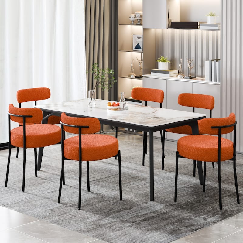XINMICS Upholstered Boucle Dining Chairs with Black Metal Legs - Set of 6 - Orange