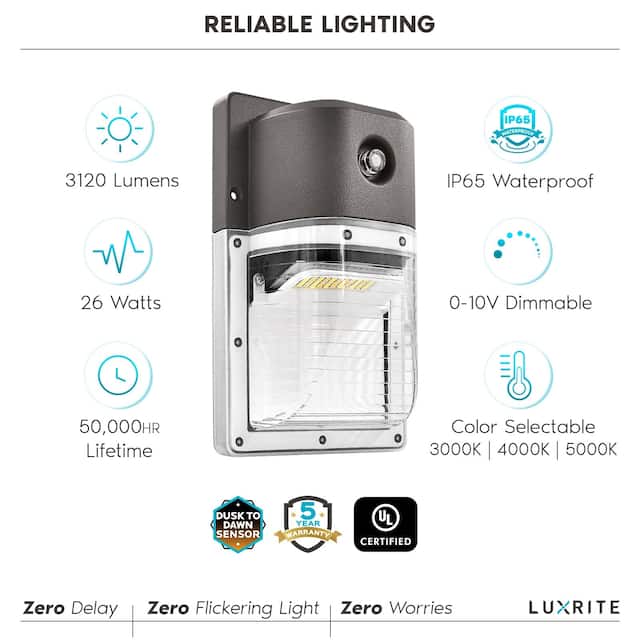 Luxrite 26W LED Wall Pack Light with Photocell, 3120 Lumens, 3 Color Selectable, Dusk to Dawn Wall Light, IP65