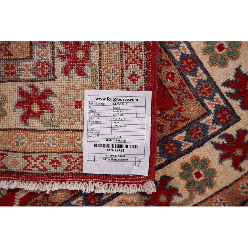 Kazak Foyer Rug Handmade Traditional Red Wool Carpet - 2'8" x 4'2"