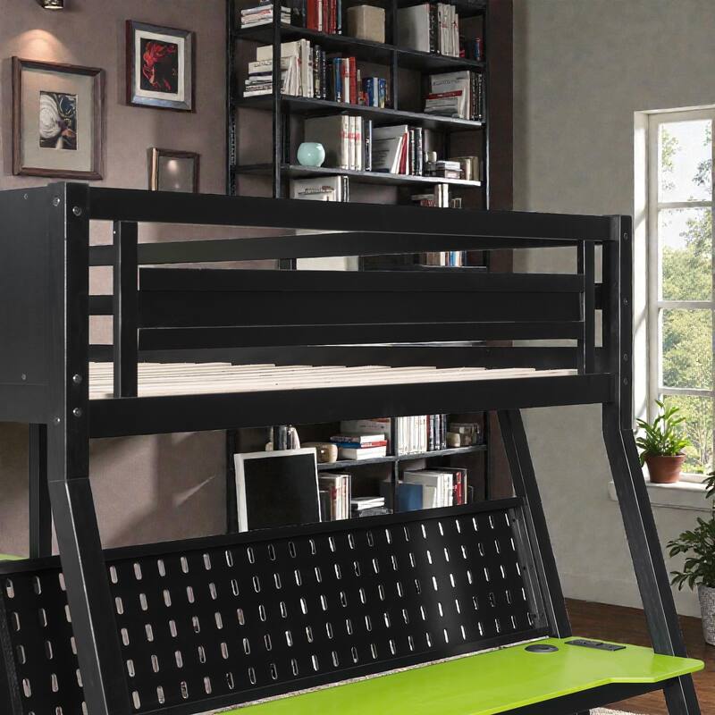 Twin/Full Gaming Bunk Bed with Dual Desks, USB Charging Ports and Pegboard Organizer, Gamer Bunk Frame