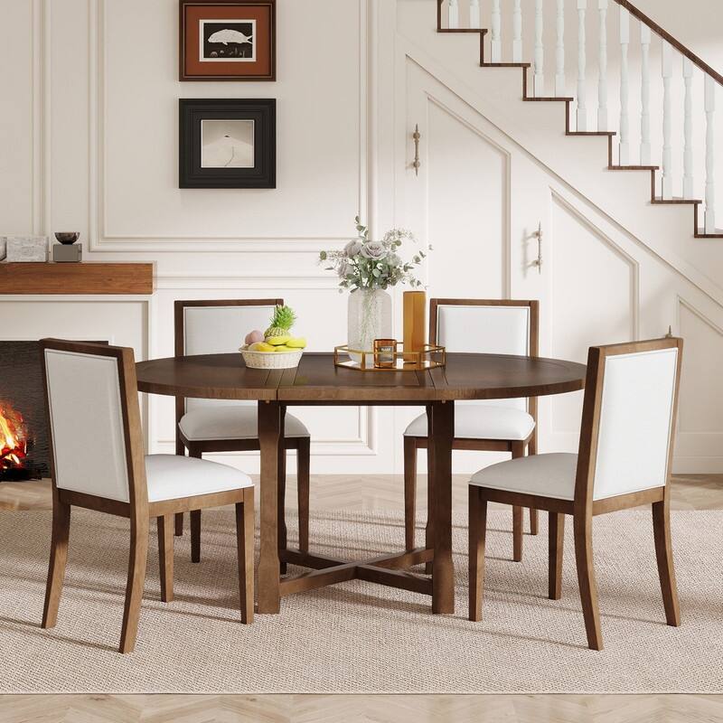 5-Piece Extendable Dining Table Set for 4, Round Dining Table for 4 with Upholstered Chairs - Brown