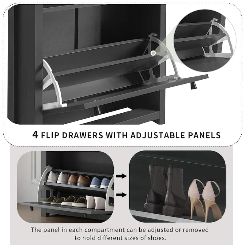 Roomfitters Narrow Shoe Cabinet Set with 4 Flip Compartments, Tipping Bucket Organizer with Adjustable Shelves
