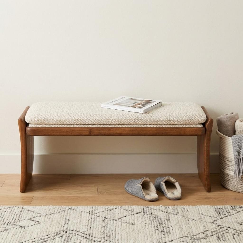 HomeRoots 48" Beige and Brown Fabric and Solid Wood Upholstered Dining Bench - 48.00 in. x 18.10 in. x 16.00 in.