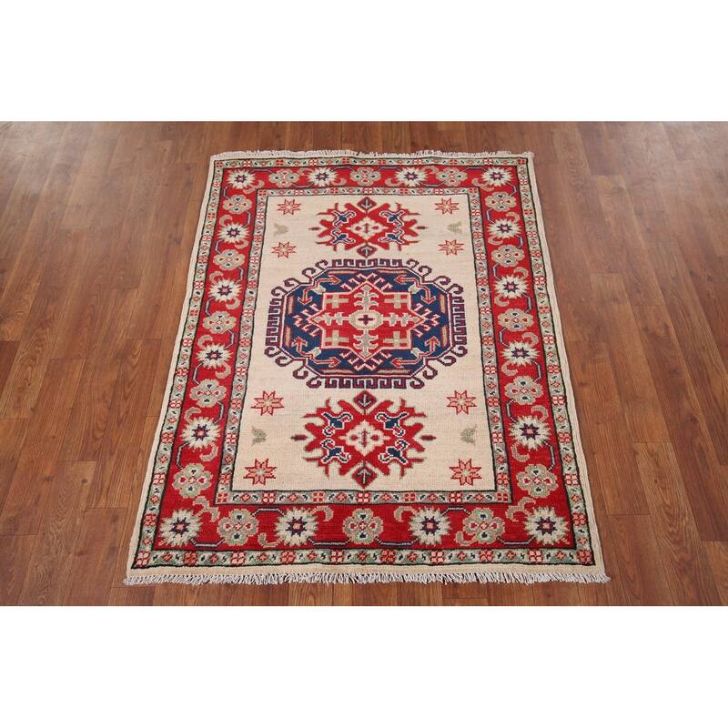 Ivory Geometric Kazak Accent Rug Hand-Knotted Wool Carpet - 2'10" x 3'10"