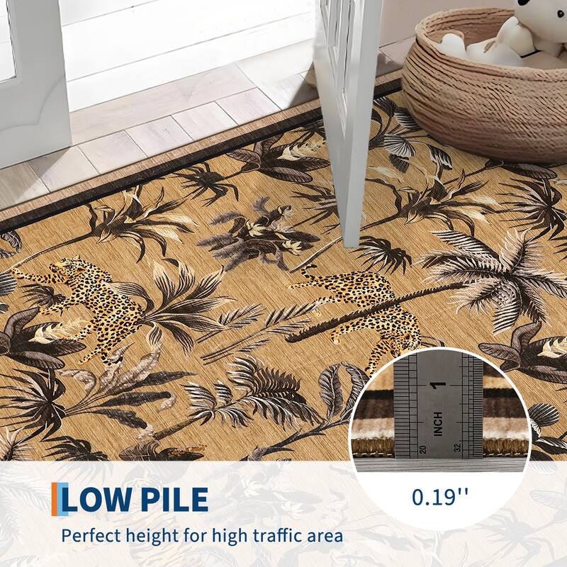 Living Room Rug Jungle Tiger Area Rug Plant Rugs Low Pile Non Shedding Soft Accent Carpet for Bedroom, Dining Room