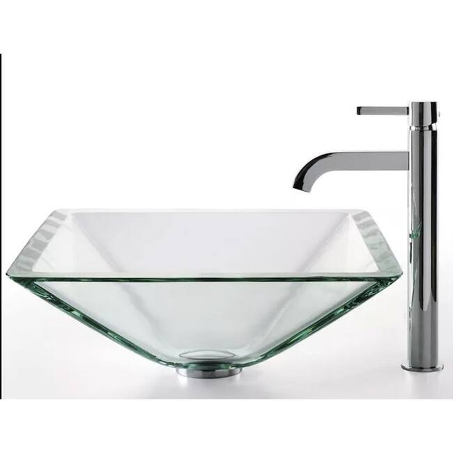 Kraus Bathroom Combo - 16-1/2" Aquamarine Glass Vessel Bathroom Sink - Chrome