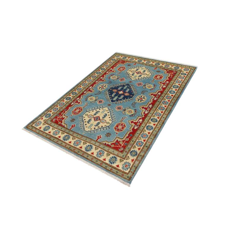 Rustic Kazak Helena Blue/Beige Wool Rug - 3'1'' x 4'10''