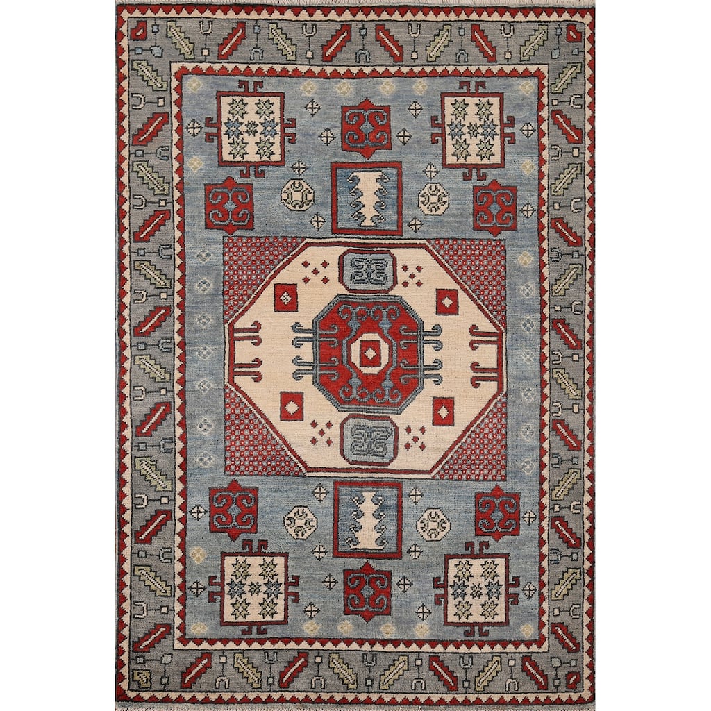 Blue Geometric Kazak Oriental Accent Rug Hand-Knotted Wool Carpet - 3'7" x 5'0"