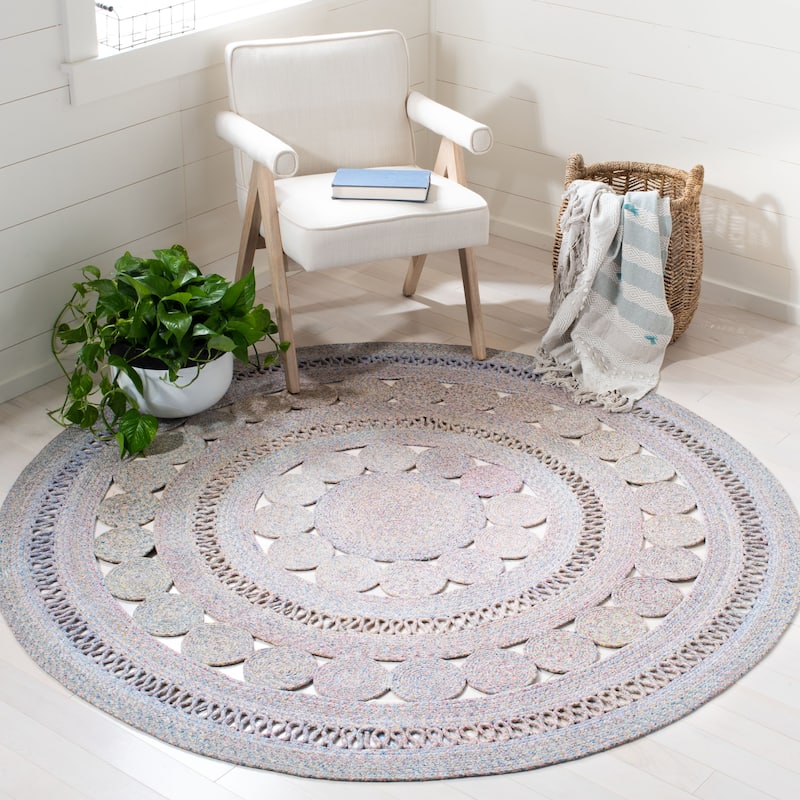 SAFAVIEH Handmade Cape Cod Nadjia Farmhouse Polyester Rug - 3' Round - Pink/Blue