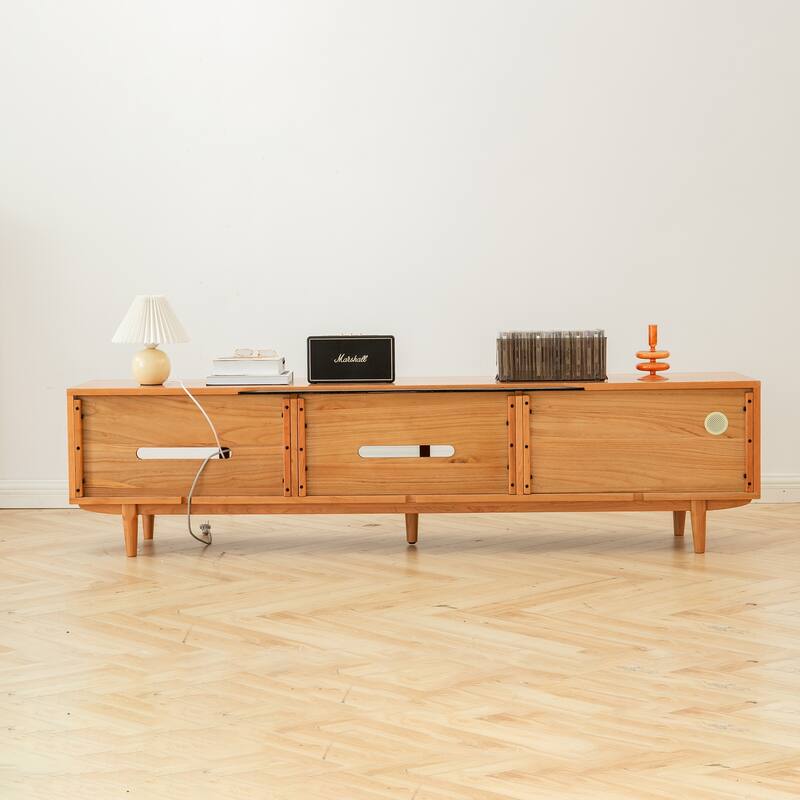 Modern TV Stand Solid Cherry Wood TV Stand with Changhong Glass Doors, 2 Drawers and Storage Space, for Living Rooms