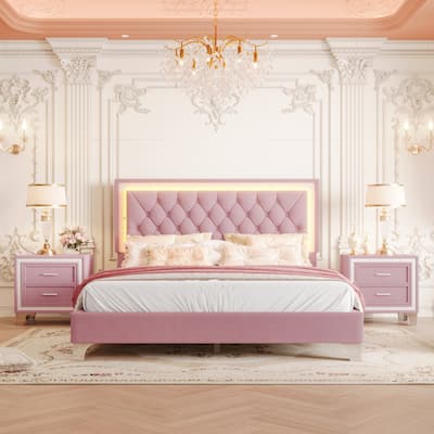 Queen Size Velvet Upholstered Platform Bed with LED Lights and 2 Nightstands (3-Piece Set)