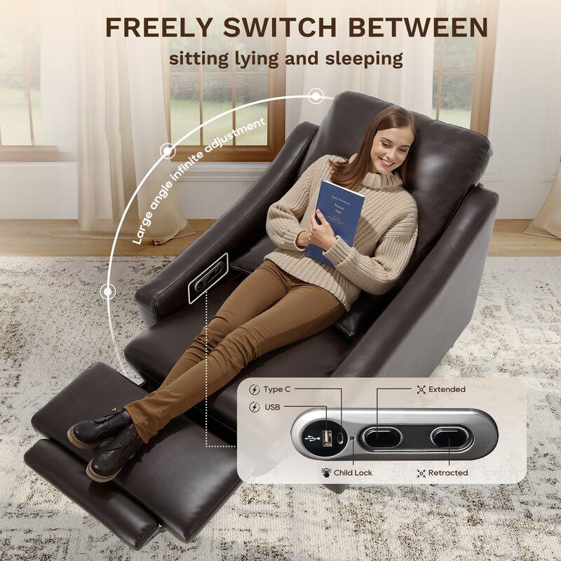 Electric Pushback Recliner with Leather Upholstery & Charging Port - Adjustable Recline for Living Room​