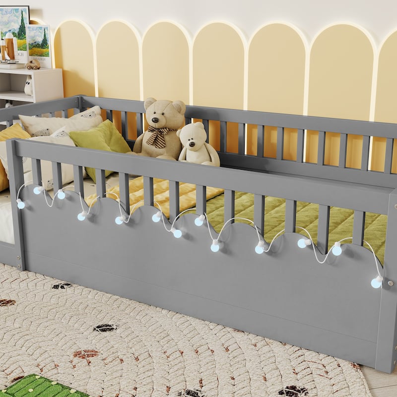 GDF Studio - Ellington Twin Montessori Floor Bed with High Rails, LED Light, and Storage Shelf