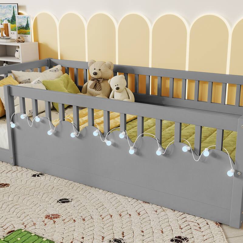 Twin Montessori Floor Bed Frame with High Rails, Wood Kids Floor Beds with Light and Storage Shelf, Natural