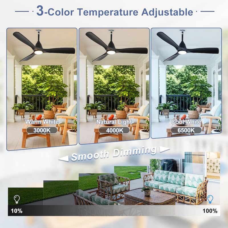 Outdoor Ceiling Fan with Light: Plug-in Hanging Fan, Remote App Control, 3CCT, 6-Speed