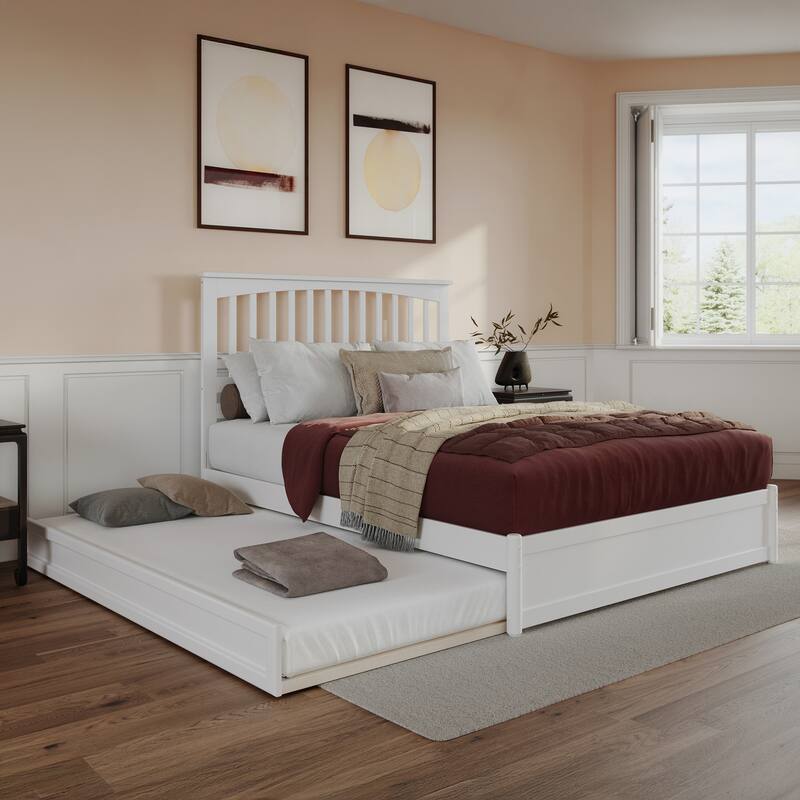 Everett Platform Bed with Panel Footboard and Twin XL Trundle - White - Queen