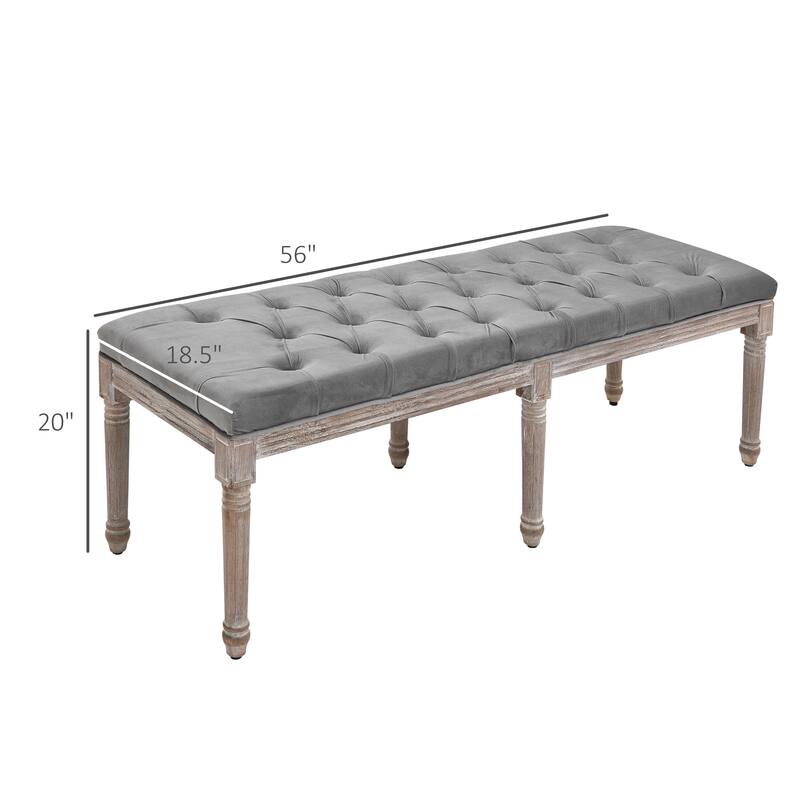 Grey Velvet Bench with Button-Tufted Cushion and Fluted Rubberwood Legs for Living Room - 56" W x 18.5" D x 20" H