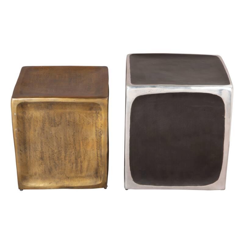 Set of 2 Square Block End Tables in Black Silver and Brass Aluminum - 18.1” x 18.1” x 20.5”