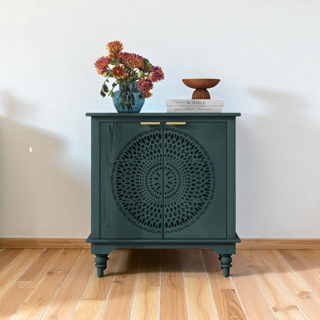 Carved Wood 2-Door Sideboard Buffet Accent Storage Cabinet with Veneer Finish and Gold Handles.