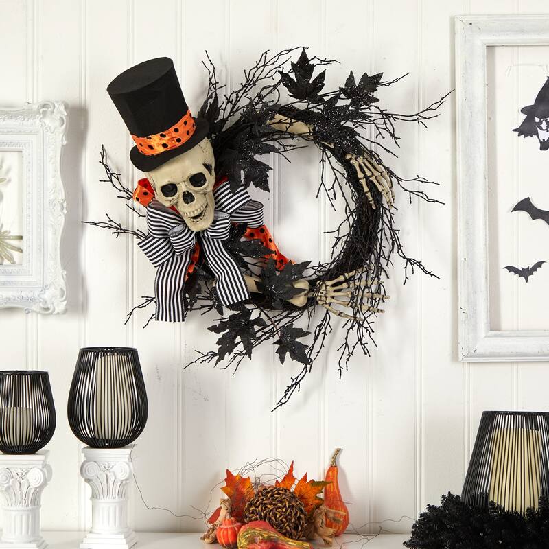 Dapper Skeleton with Ribbon Artificial Halloween Wreath, 26-Inch, Unlit