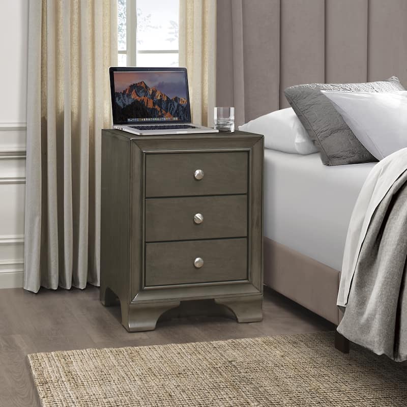 Elegant Gray Finish Nightstand - Polished Chrome Tone Knobs - Convenient USB Charging - Gray - 3-drawer