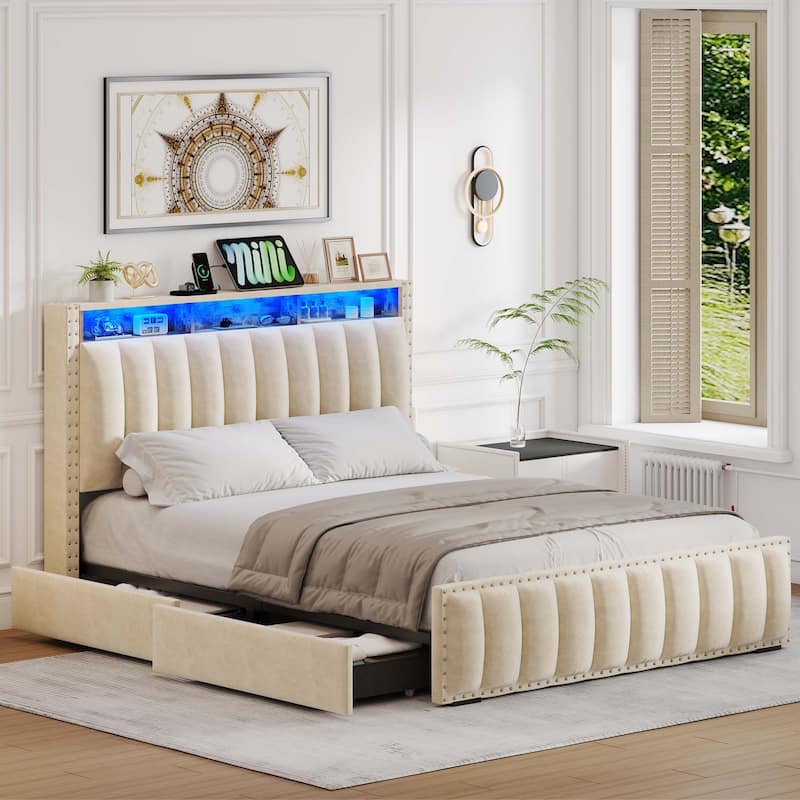 Moasis Full/Queen/King Velvet Upholstered Platform Bed Bedframe with Charging Station and 4 Storage Drawers