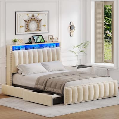 Moasis Full/Queen/King Velvet Upholstered Platform Bed Bedframe with Charging Station and 4 Storage Drawers