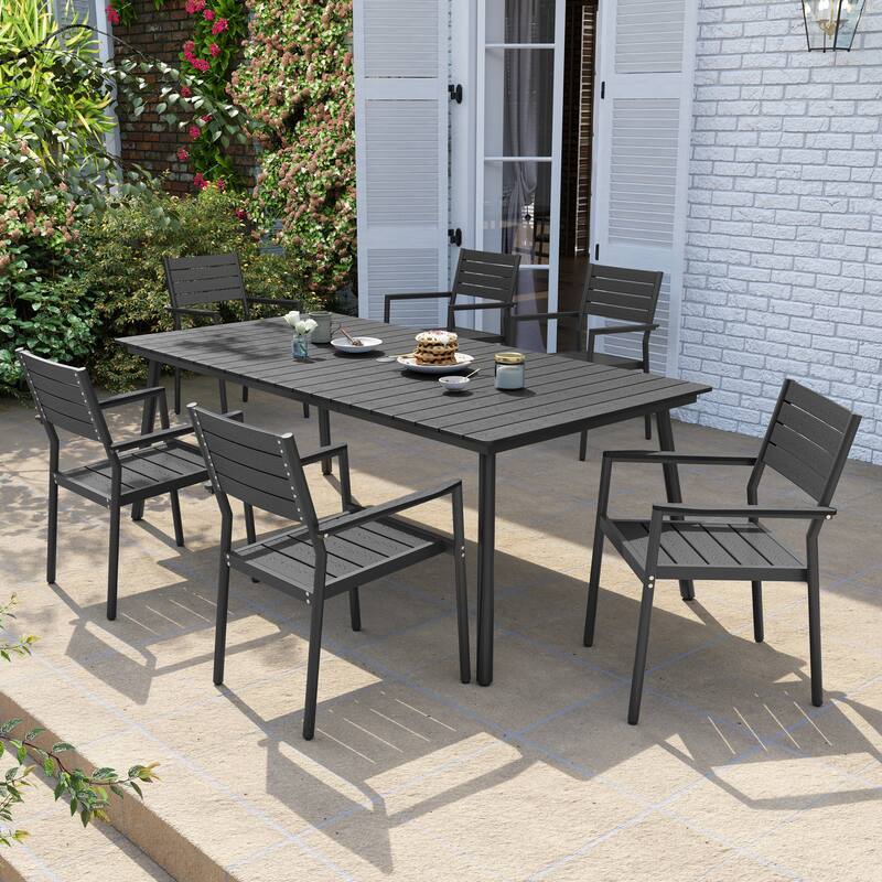 Outdoor Aluminum Rectangle 7-piece Patio Dining Set with Umbrella Hole - Black