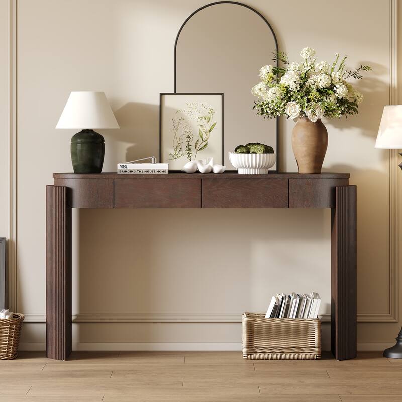 Entryway Table with Natural Wood Grain Finish, Console Table with Fluted Design, Oval Top and 2 Drawers - Espresso