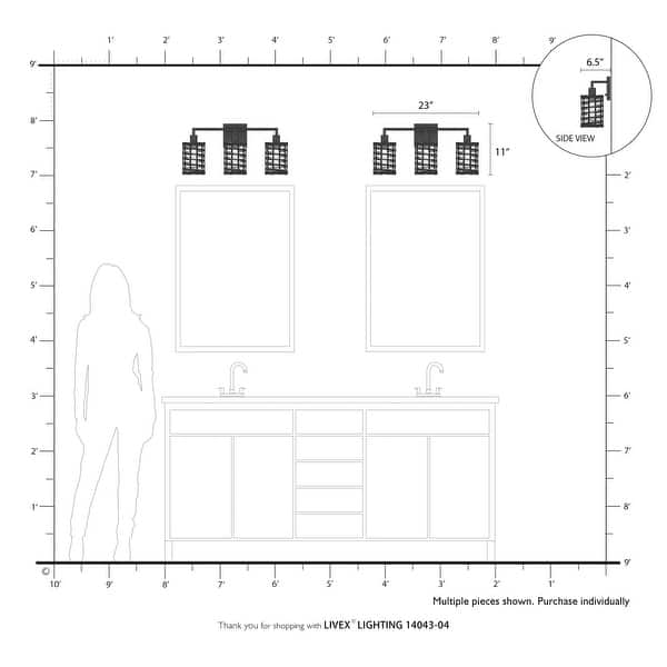 dimension image slide 2 of 3, Livex Lighting 3-light Black Finish Vanity Sconce, 14043-04 - 23" W x 11" H x 6.5" EXT