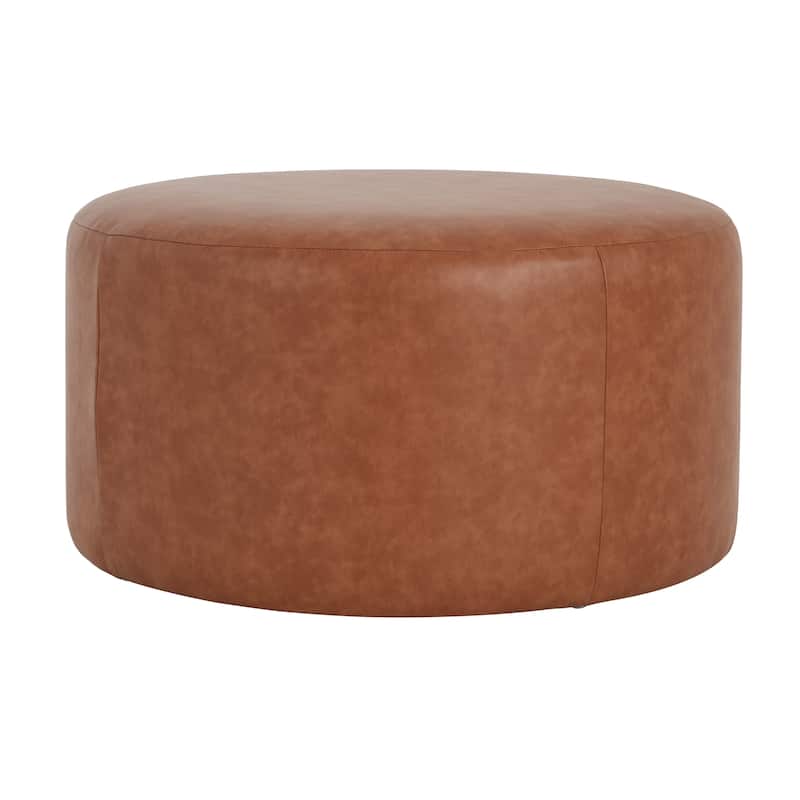 PU Leather Round Ottoman - Cognac Brown Upholstered Versatile Piece - Brown,Cognac