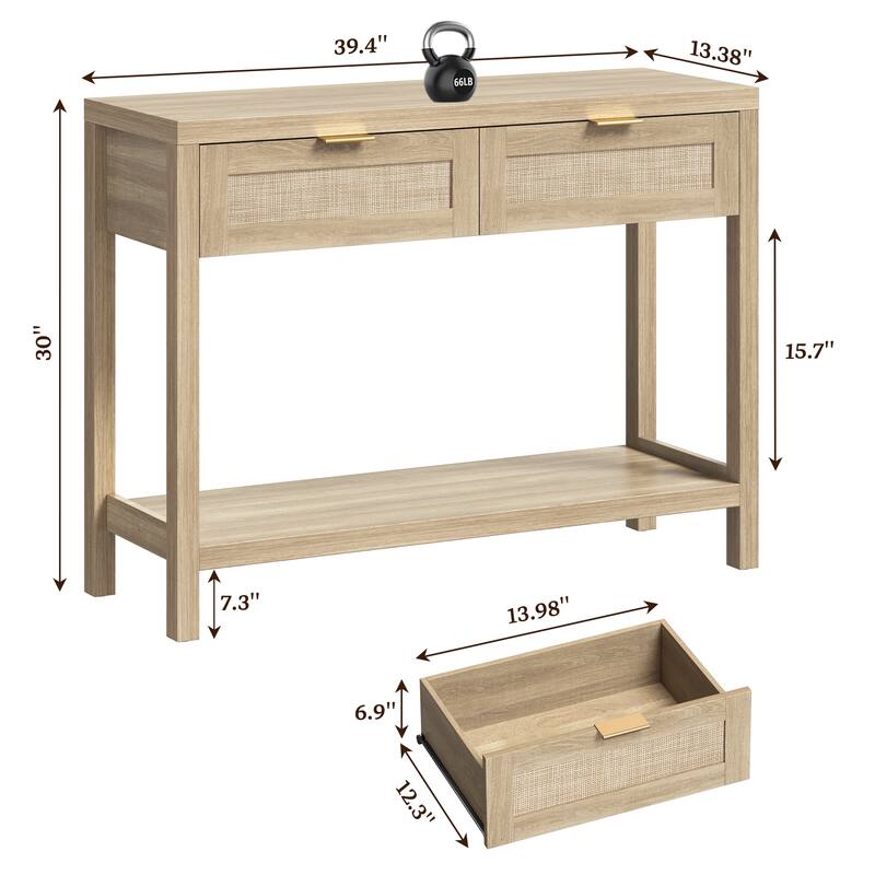 SICOTAS Rattan Console Table with 2 Drawers and Shelves - 30 x 39.4 x 13.8