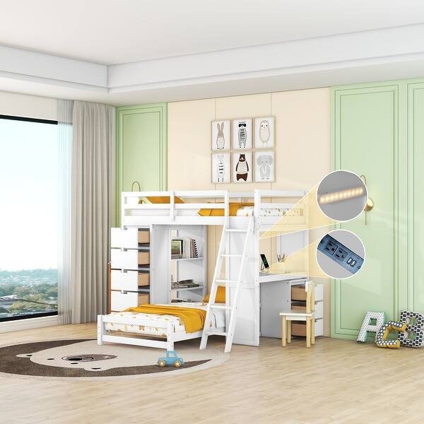 slide 2 of 9, Twin over Twin Bunk Bed with LED Light and USB Ports, Platform Bed with Storage Drawers, Wooden Bed with Desk and Ladder, White White - Twin