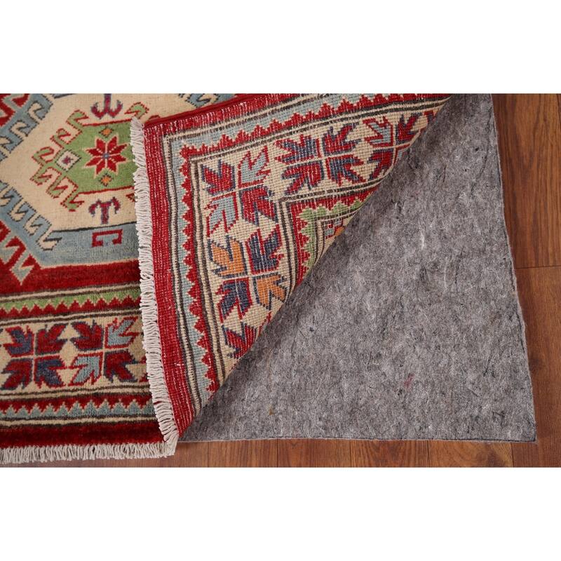 Red Geometric Kazak Foyer Rug Handmade Traditional Wool Carpet - 3'4" x 4'10"