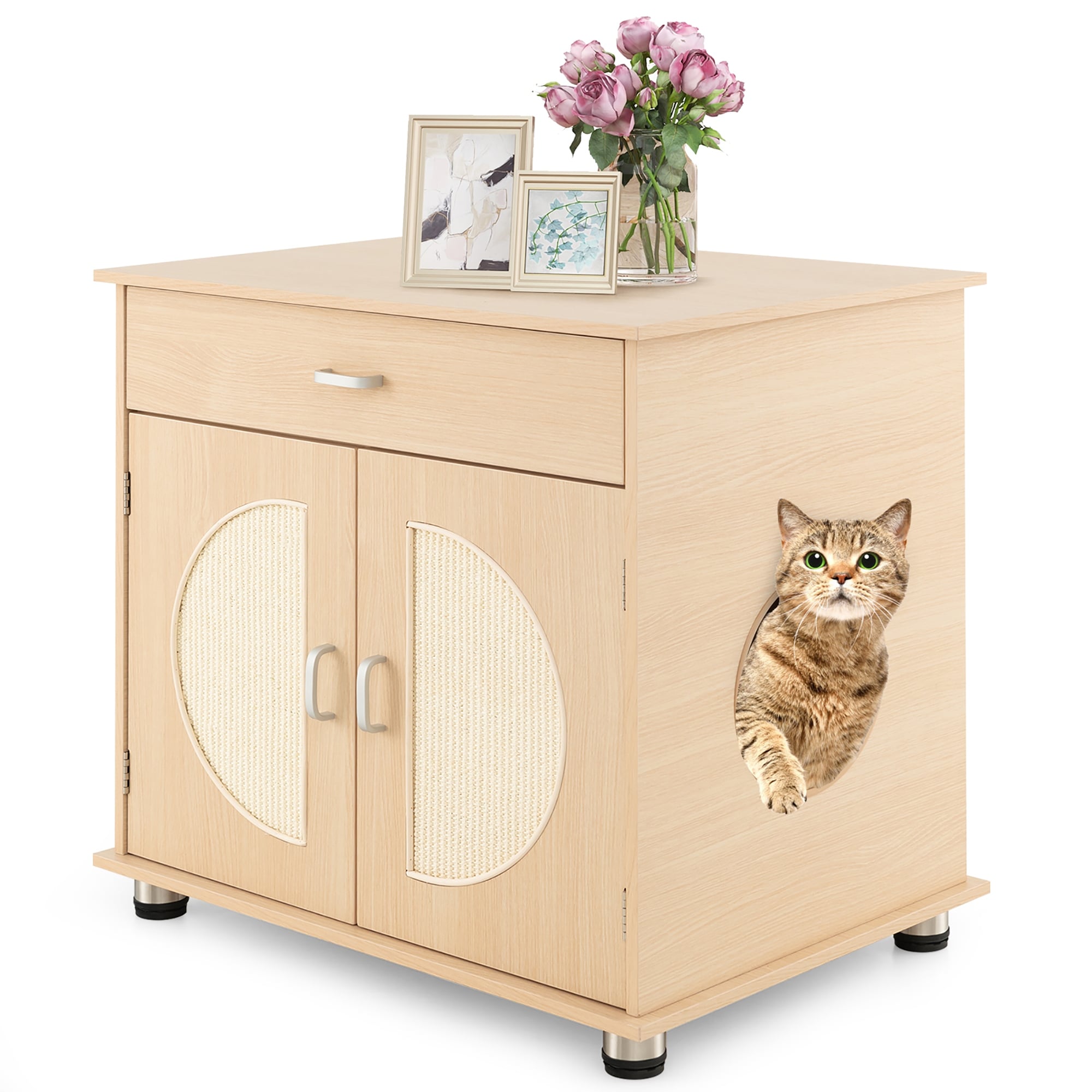 Gymax Cat Litter Box Enclosure w/ Sisal Scratching Doors Storage